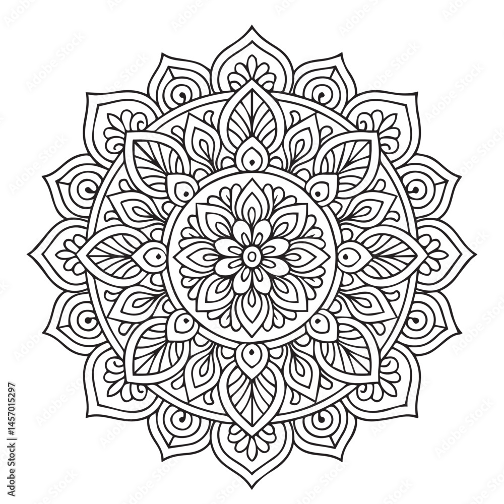 Intricate Mandala Design: A mesmerizing mandala illustration with a detailed intricate design composed of symmetrical patterns, perfect for adult coloring books, meditation. Intricate Mandala Design: A mesmerizing mandala illustration with a detailed intricate design composed of symmetrical patterns, perfect for adult coloring books, meditation.