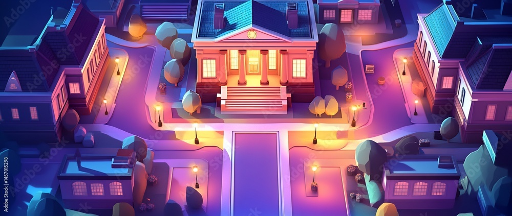 Night view of a town square with a classical building.