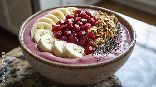 Delicious smoothie bowl with banana, pomegranate, granola, and chia seeds.