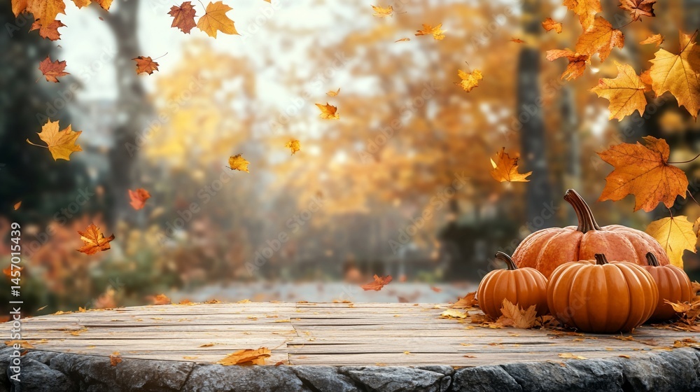 Autumn scene with pumpkins on wooden table, falling leaves and blurred background.