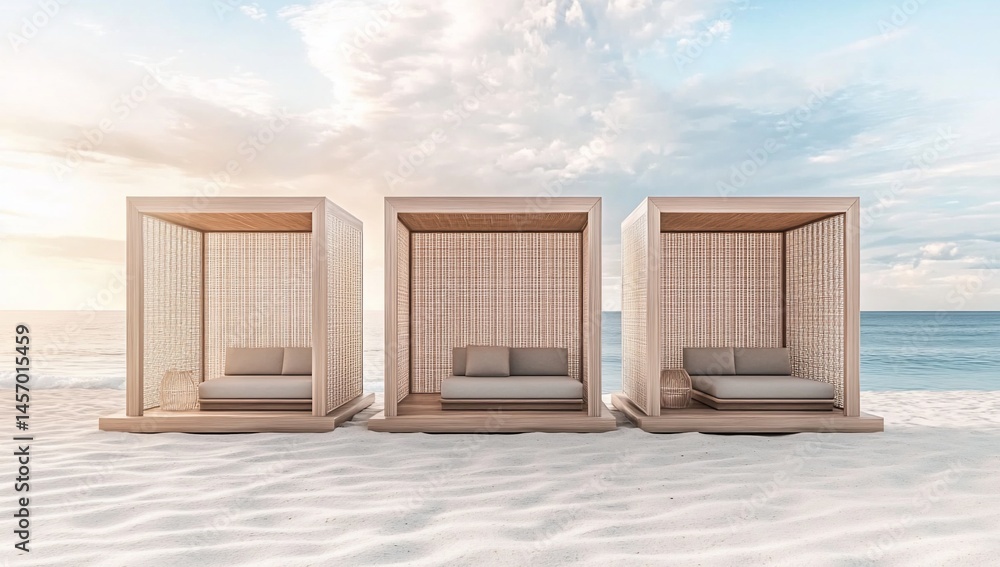 Three beach cabanas on sandy shore at sunset.