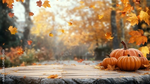Obraz na płótnie Autumn scene with pumpkins on wooden table, falling leaves and blurred background. w salonie