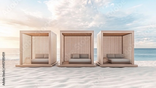 Obraz na płótnie Three beach cabanas on sandy shore at sunset. w salonie