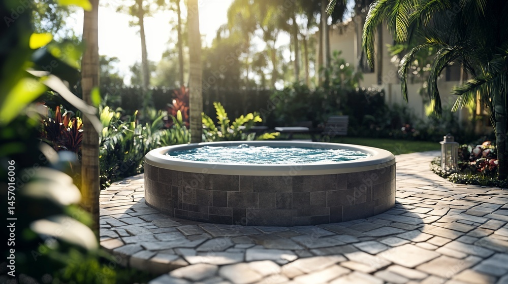 Round hot tub in a lush tropical garden setting at sunset.