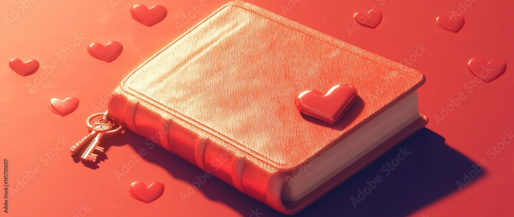 Red book with heart and key on red background.