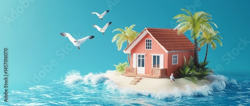 Obraz na płótnie Idyllic beach house on a small island with palm trees and seagulls. w salonie