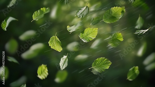 Green leaves falling in the air, windy weather, nature background.