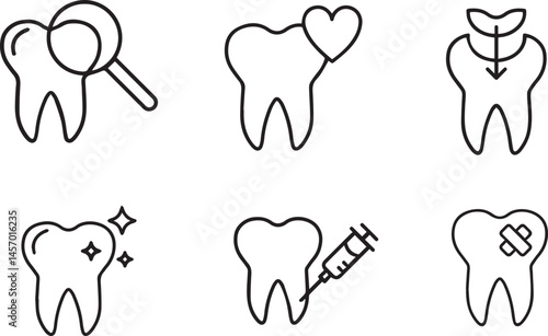 Dental icons, minimalist tooth illustrations, black and white line drawings, dental care symbols, toothache, cavity, cleaning, checkup, heart-shaped tooth, dental syringe, broken tooth,