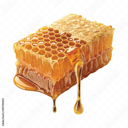 realistic glossy honeycomb dripping liquid honey isolated on transparent background