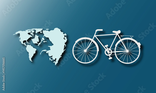  World Bicycle Day. Minimal line art bicycle 3d art with 3d continent.