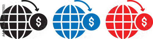 , financial world symbols,Globe icons, dollar signs, black red and blue colors, simple geometric design international currency concept, global economy illustration,