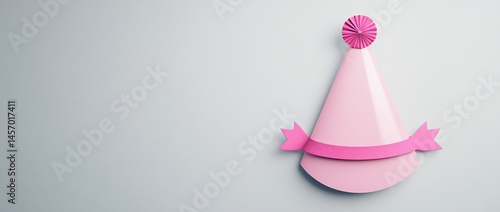Pink party hat with ribbon and pom-pom on light gray background.