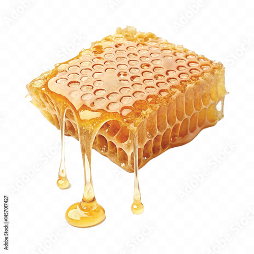 realistic glossy honeycomb dripping liquid honey isolated on transparent background