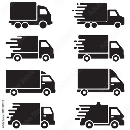 set of black first shipping delivery truck icon vector silhouettes