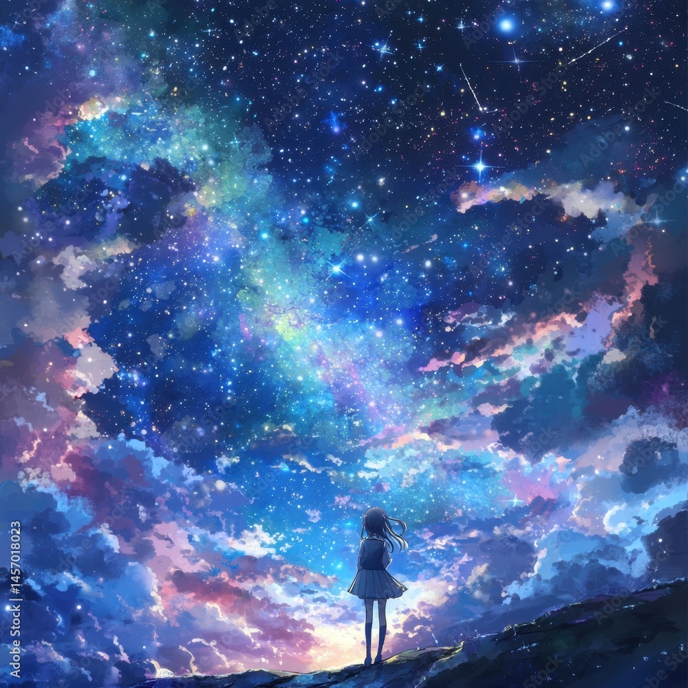 Obraz premium A lone girl stands on a hill gazing up at a breathtaking, vibrant night sky filled with swirling colorful nebulae and shining stars in a dreamy fantasy art scene.