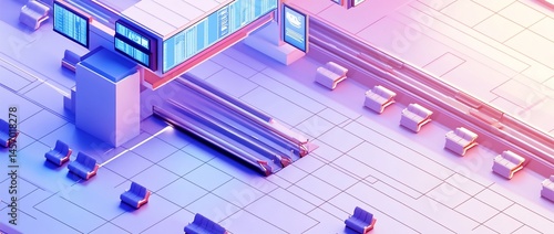 Futuristic train station platform with escalators and digital displays.