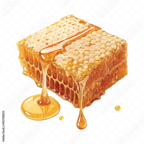 realistic glossy honeycomb dripping liquid honey isolated on transparent background