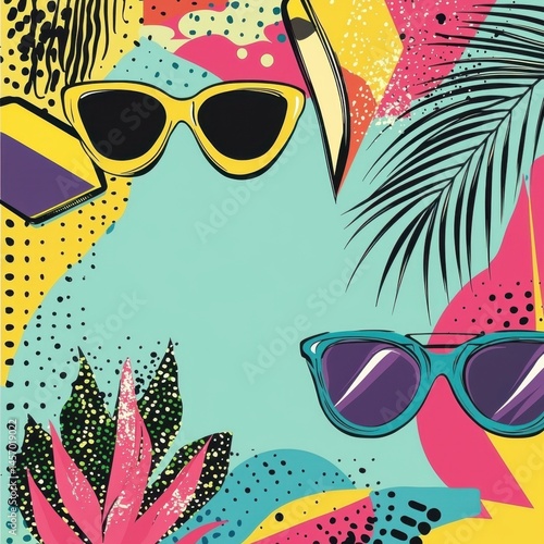 Summer fun abstract background illustration with sunglasses, palm leaf, and colorful design elements evoking a vibrant and playful vacation atmosphere for all ages.