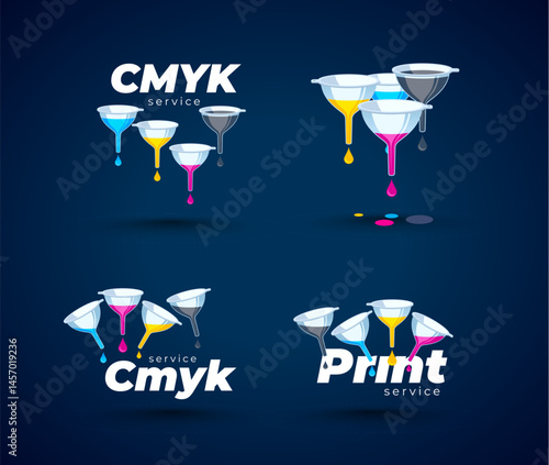 Set logo polygraphy cmyk theme. Ink drops and watering can. Template design vector. Black background.