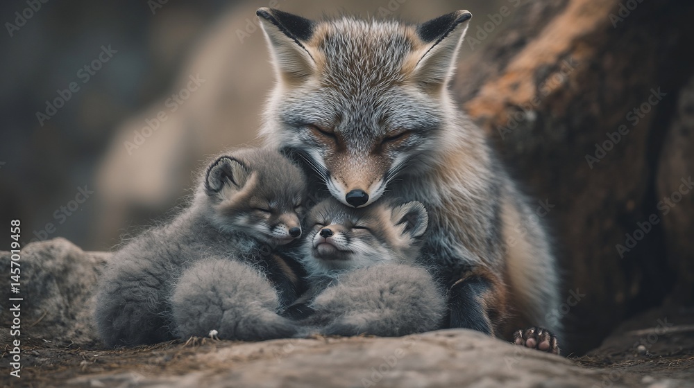 Naklejka premium A mother fox tenderly cradles her two sleeping kits amongst rocks.
