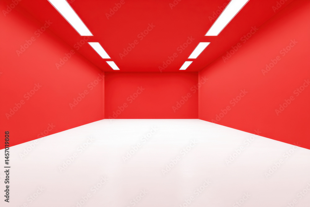 Obraz premium Empty room with red walls and ceiling illuminated by linear recessed lights in a white floor
