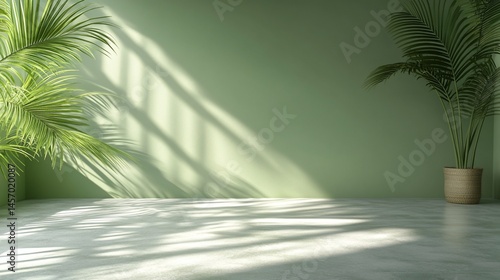 Sunlit green room interior with potted plants and concrete floor.