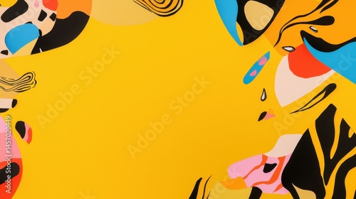 Abstract background with vibrant yellow space surrounded by colorful organic shapes and dynamic brushstrokes creating a modern and artistic design element perfectly.