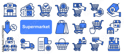Supermarket icon collection set. Containing trolley, basket, grocery store, grocerant, cashier, self service, consumer icon. Simple line vector.