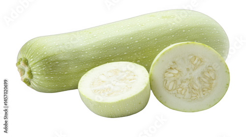 Fresh green zucchini, one whole and two halved, showcasing texture and interior composition, arranged neatly for culinary depictions on a transparent background, PNG image, PNG file.