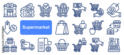 Supermarket icon collection set. Containing trolley, basket, grocery store, grocerant, cashier, self service, consumer icon. Simple line vector.