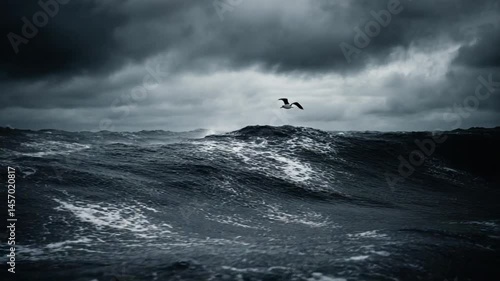 A solitary bird soaring above turbulent ocean waves under a stormy sky, capturing nature's raw power