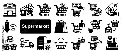 Supermarket icon collection set. Containing trolley, basket, grocery store, grocerant, cashier, self service, consumer icon. Simple flat vector.