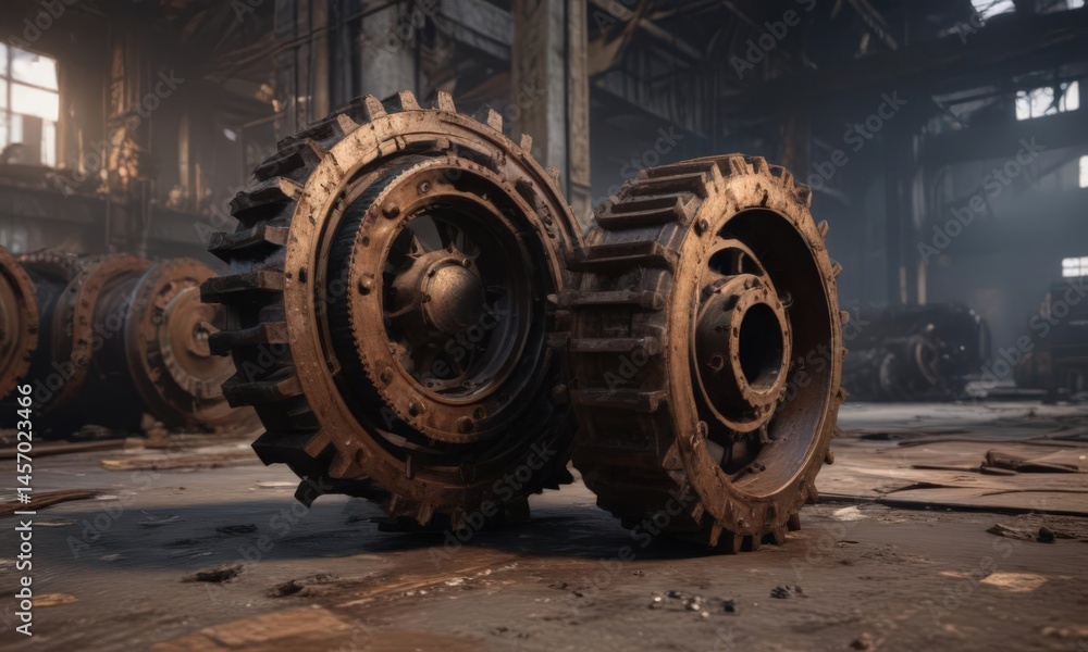 Rust-eaten gears in a dimly lit, decaying factory , old, forgotten, iron Rust-eaten gears in a dimly lit, decaying factory , old, forgotten, iron