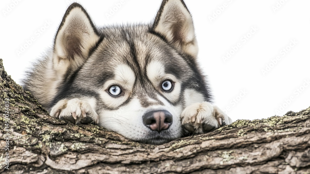 Obraz premium A Siberian Husky with striking blue eyes rests its paws on a thick tree branch against a white background.