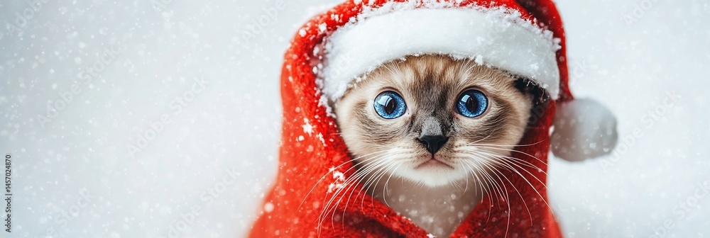 Adorable kitten in a Santa hat, snowy background. Adorable kitten in a Santa hat, snowy background.