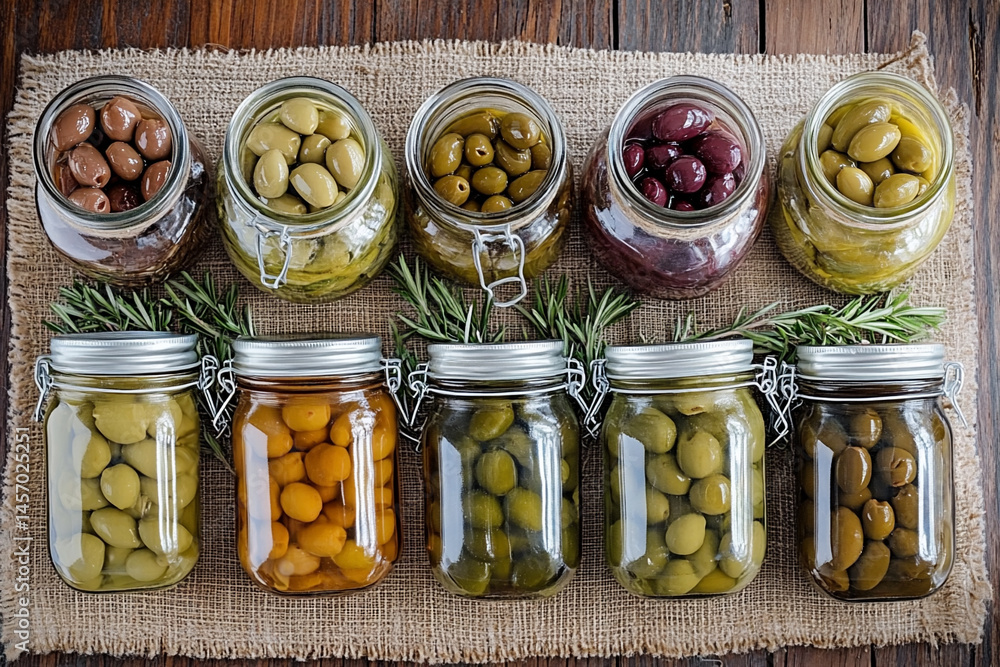 Arrangement of Various Jars Filled With Olives and Herbs Displayed on a Rustic Fabric Background