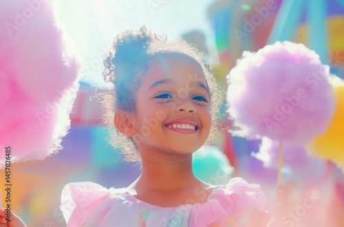 Candid photo of a cheerful child enjoying pastel cotton candy