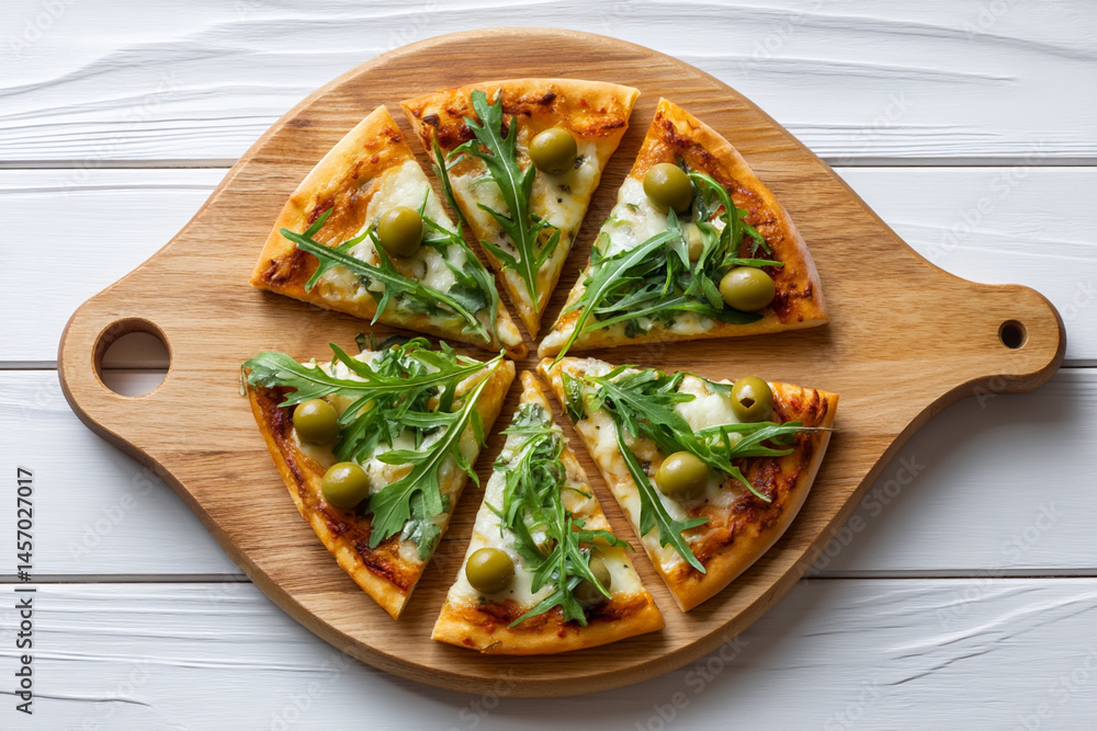 Homemade Pizza Topped With Fresh Arugula and Olives Served on a Wooden Board in a Cozy Kitchen Setting
