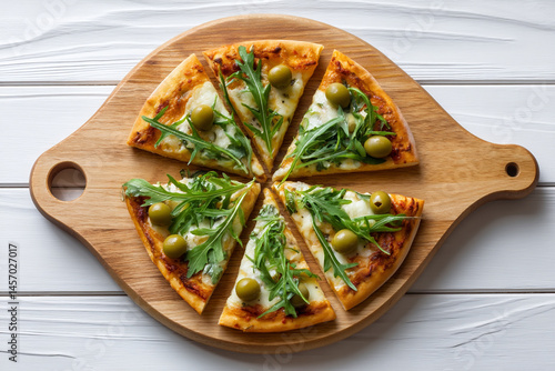 Obraz na płótnie Homemade Pizza Topped With Fresh Arugula and Olives Served on a Wooden Board in a Cozy Kitchen Setting w salonie