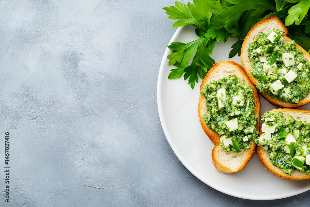 Tapenade Spread on Toasted Bread Served on a White Plate With Fresh Greens