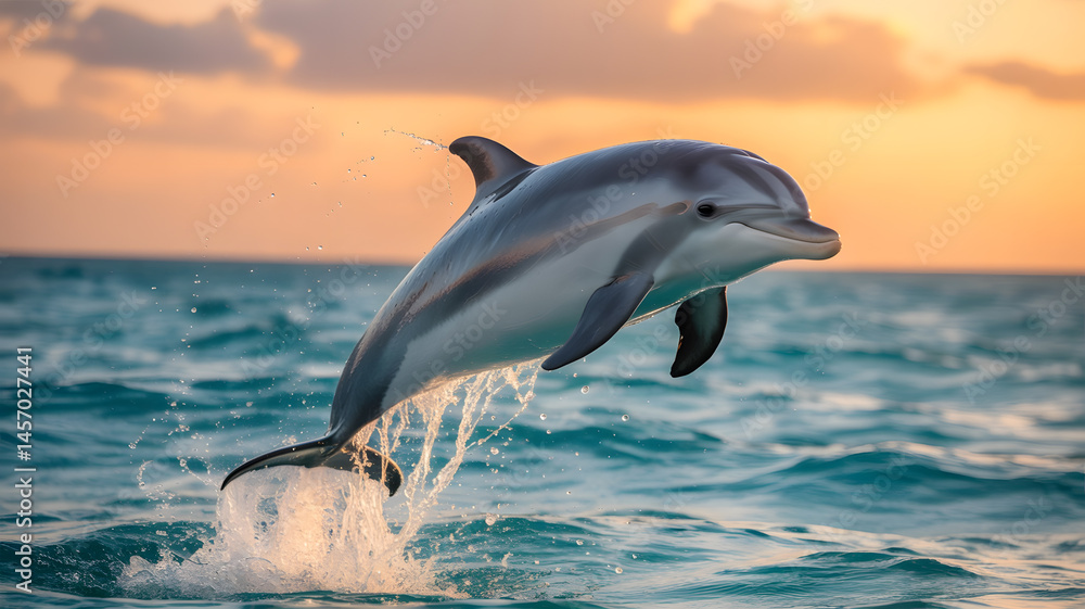 Fototapeta premium Majestic Dolphin Leaping at Sunset Ocean Wildlife Photography