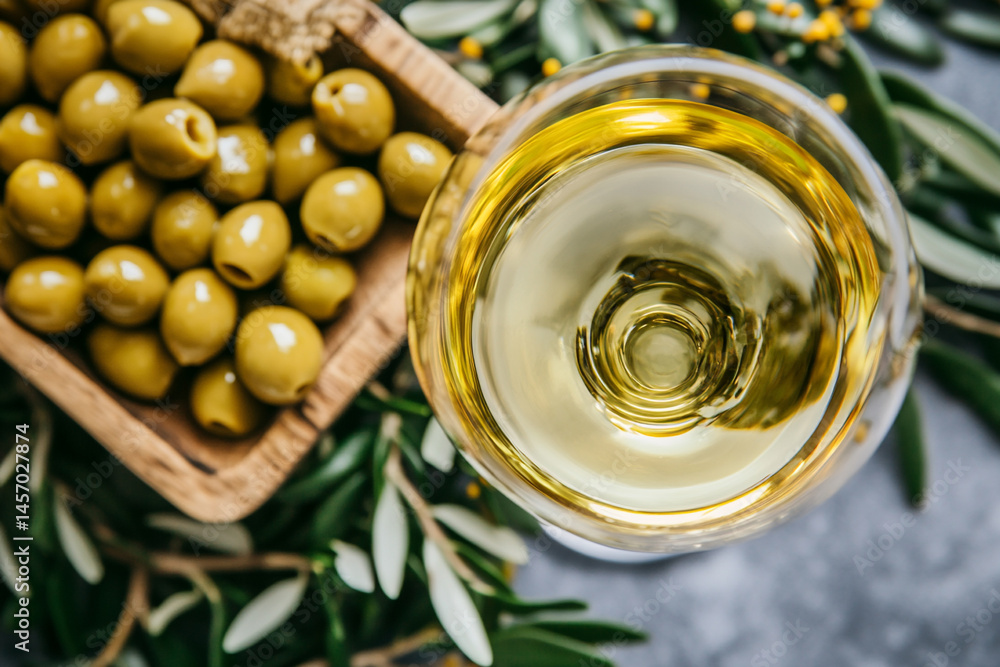 Top View Showcases a Glass of White Wine Beside Green Olives on a Rustic Wooden Table Accompanied by Olive Leaves