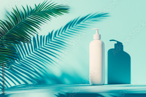 White cosmetic bottle with pump on a blue background with palm shadows.