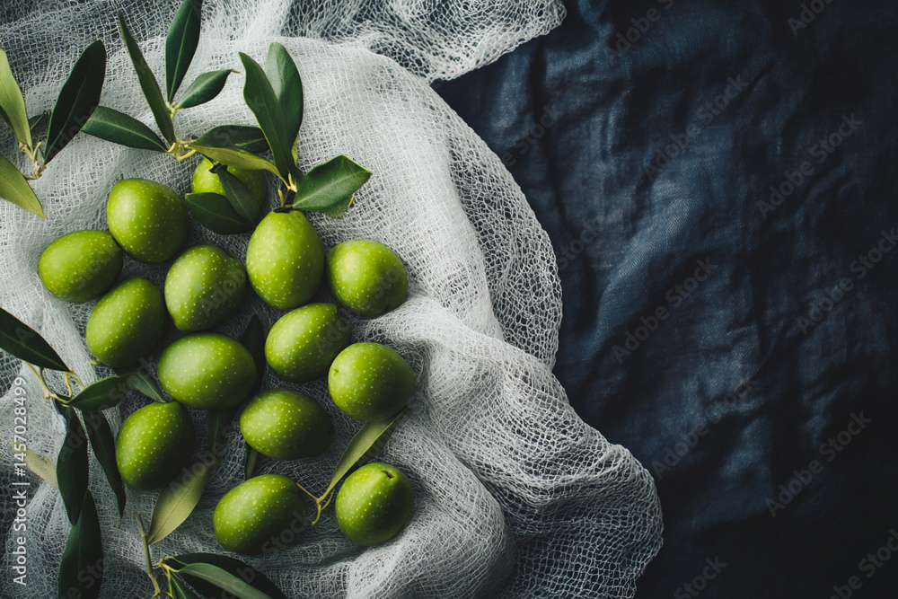 Freshly Fallen Green Olives Arranged on Soft Fabric With Olive Leaves During Early Morning Light