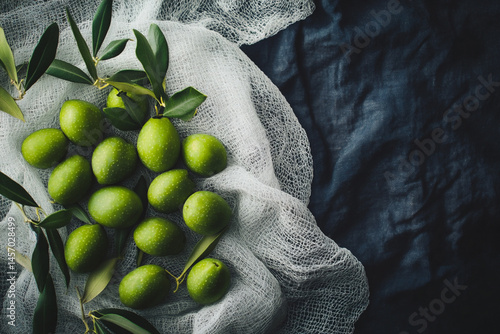Obraz na płótnie Freshly Fallen Green Olives Arranged on Soft Fabric With Olive Leaves During Early Morning Light w salonie
