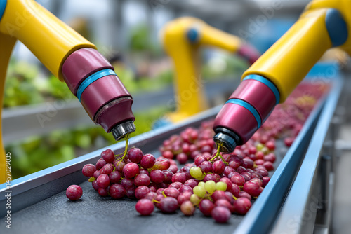 Obraz na płótnie Robotic Arms Sorting and Picking Grapes on a Conveyor Belt in an Automated Facility w salonie