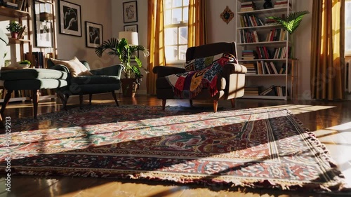 Wallpaper Mural Cozy sunlit living room with rustic decor and vibrant patterns in motion Torontodigital.ca