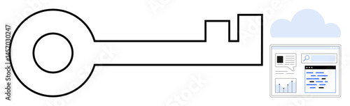 Key symbol leading to a cloud and digital interface with data charts, search bar, and textual elements. Ideal for technology, security, innovation, data access, cloud computing, digital