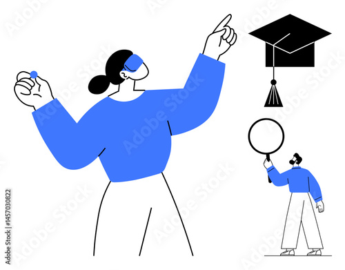 Person gesturing confidently, graduation cap, and individual with blank speech bubble. Ideal for education, learning, achievement, progress, academic success, goal setting simple landing page
