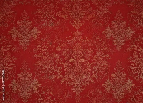 Intricate red damask wallpaper, opulent baroque design , scroll, textile, floral